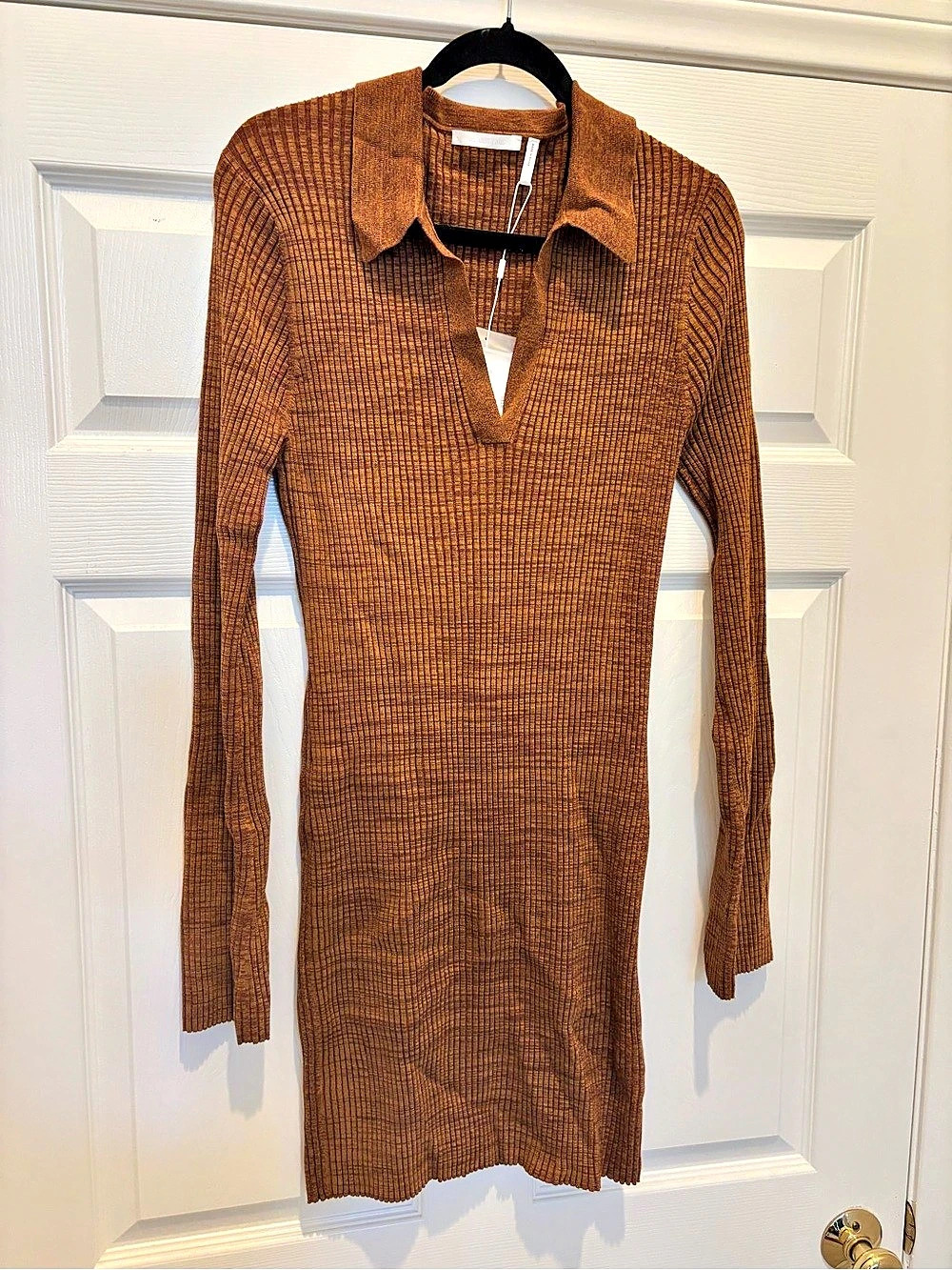 NWT Helmut Lang Marl Mini Dress Pecan Brown Ribbed Polo Knit Sweater XL